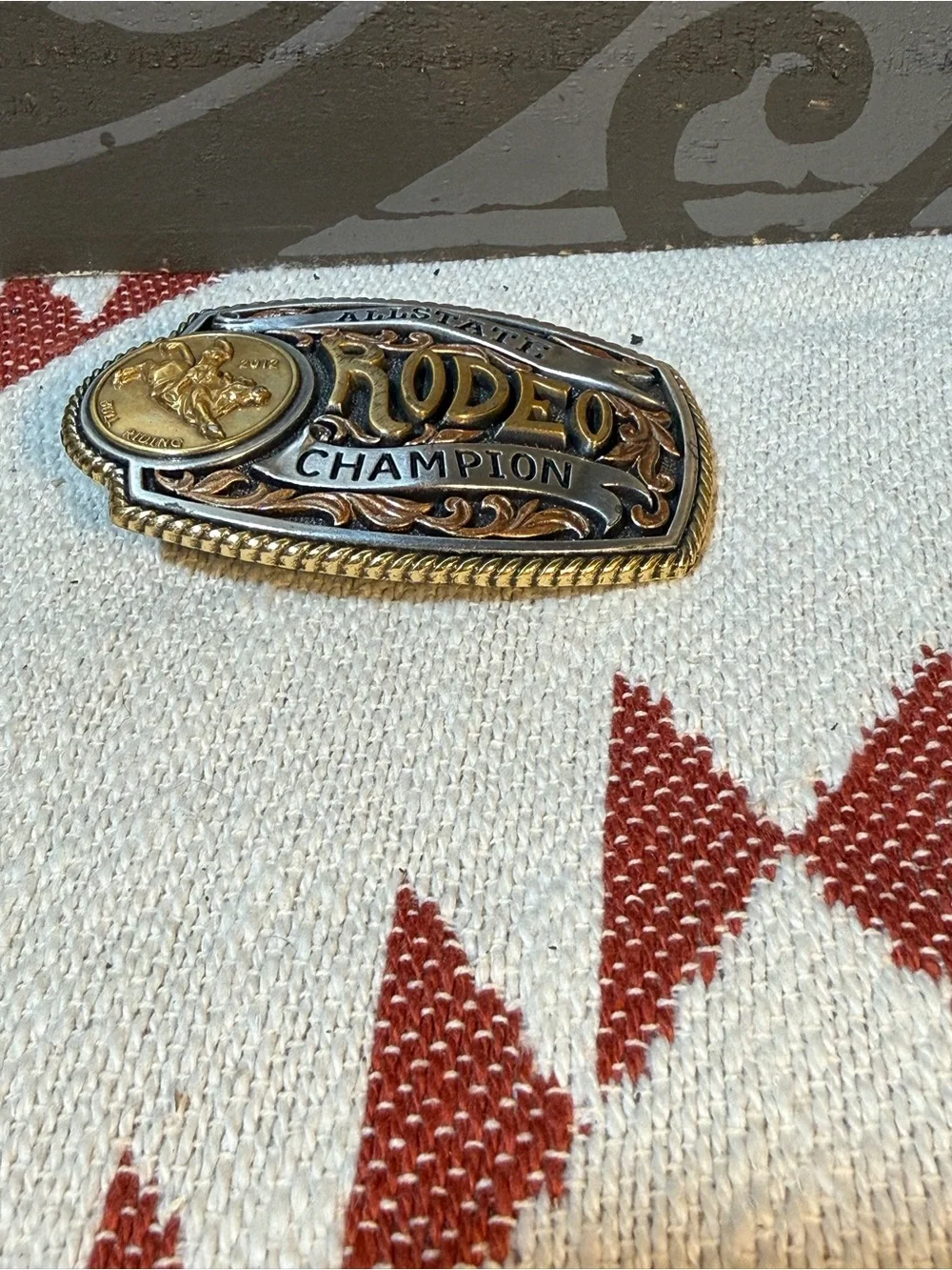 Allstate Rodeo Champion Western Belt Buckle Bull Riding Silver Gold Tone